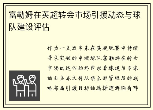 富勒姆在英超转会市场引援动态与球队建设评估